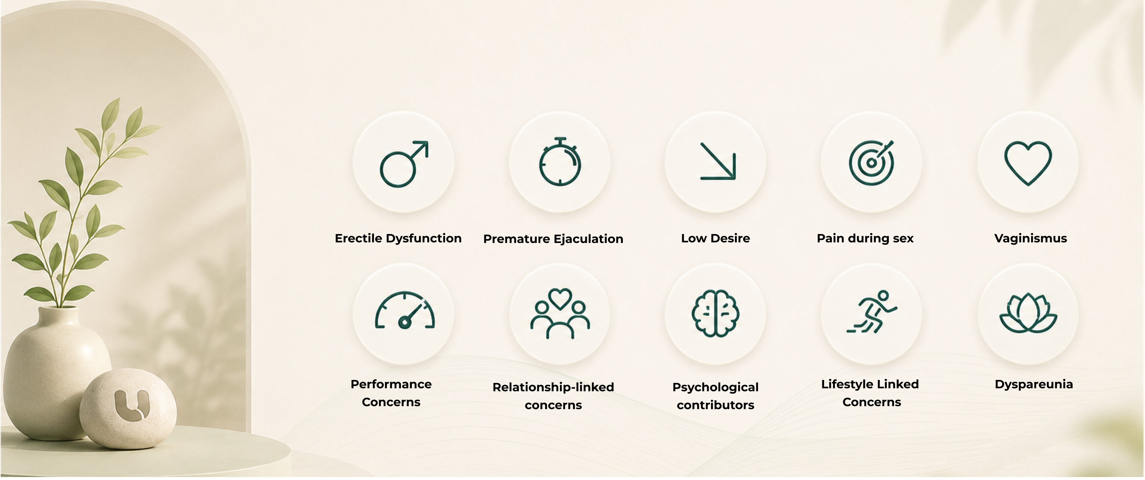 Cases that may need this pathway. Sexual health concerns can arrive across many areas of medicine. Conditions include: Erectile Dysfunction, Premature Ejaculation, Low Desire, Pain during sex, Vaginismus, Performance Concerns, Relationship-linked concerns, Psychological contributors, Lifestyle Linked Concerns, Dyspareunia